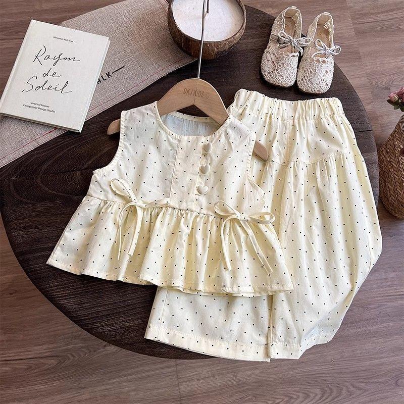 Barn 2-delad mönstrad kostym med kort ärm, knappar, vida ben, byxor, pyjamas, hemmakostym, vardagskostym