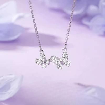 S999 Full Silver Diamond Butterfly Necklace Light Luxury Minority Design Sterling Silver Clavicle Chain Women's