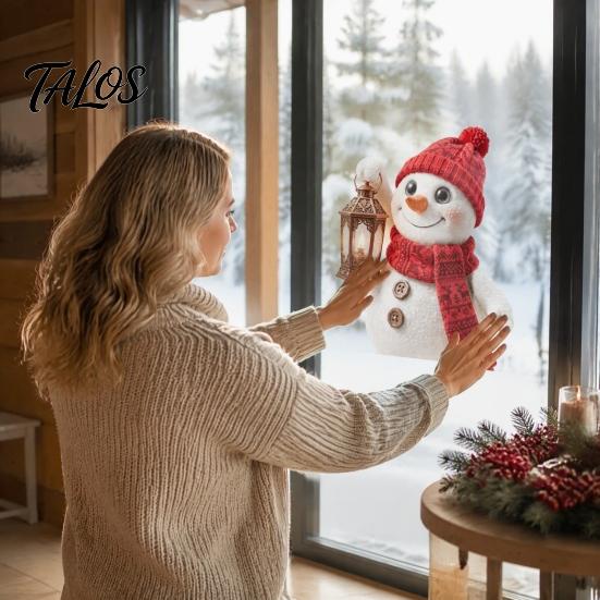 Festival Atmosphere Decor Christmas Snowman with Lantern Window Cling, Cute Static Glass Sticker, PVC Seasonal Clings Reusable Sticker for Doors