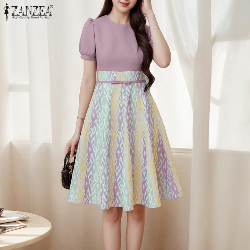 ZANZEA Women Casual Round Neck Short Sleeve Summer Print Dress