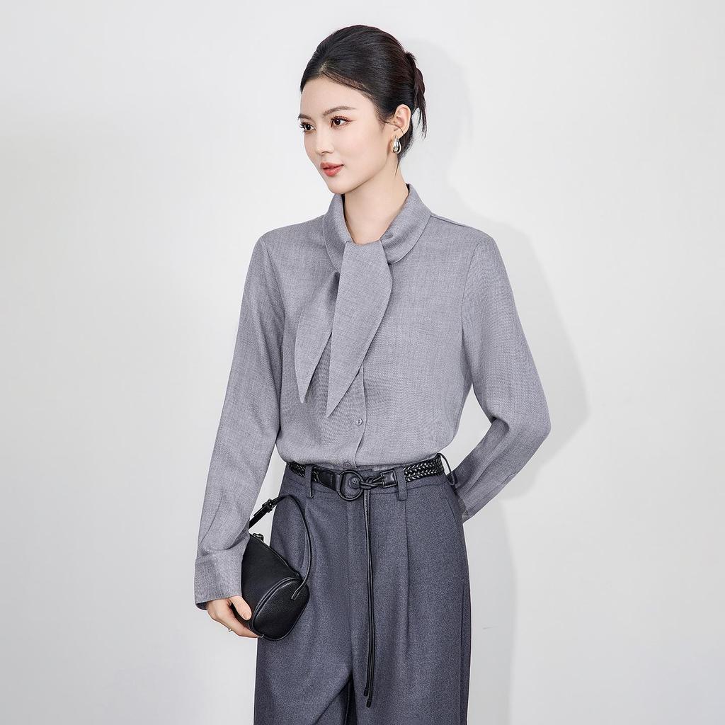 Tencel Wool Rabbit Ear Collar Lace-up Long Sleeve Women's Shirt for Autumn/Winter