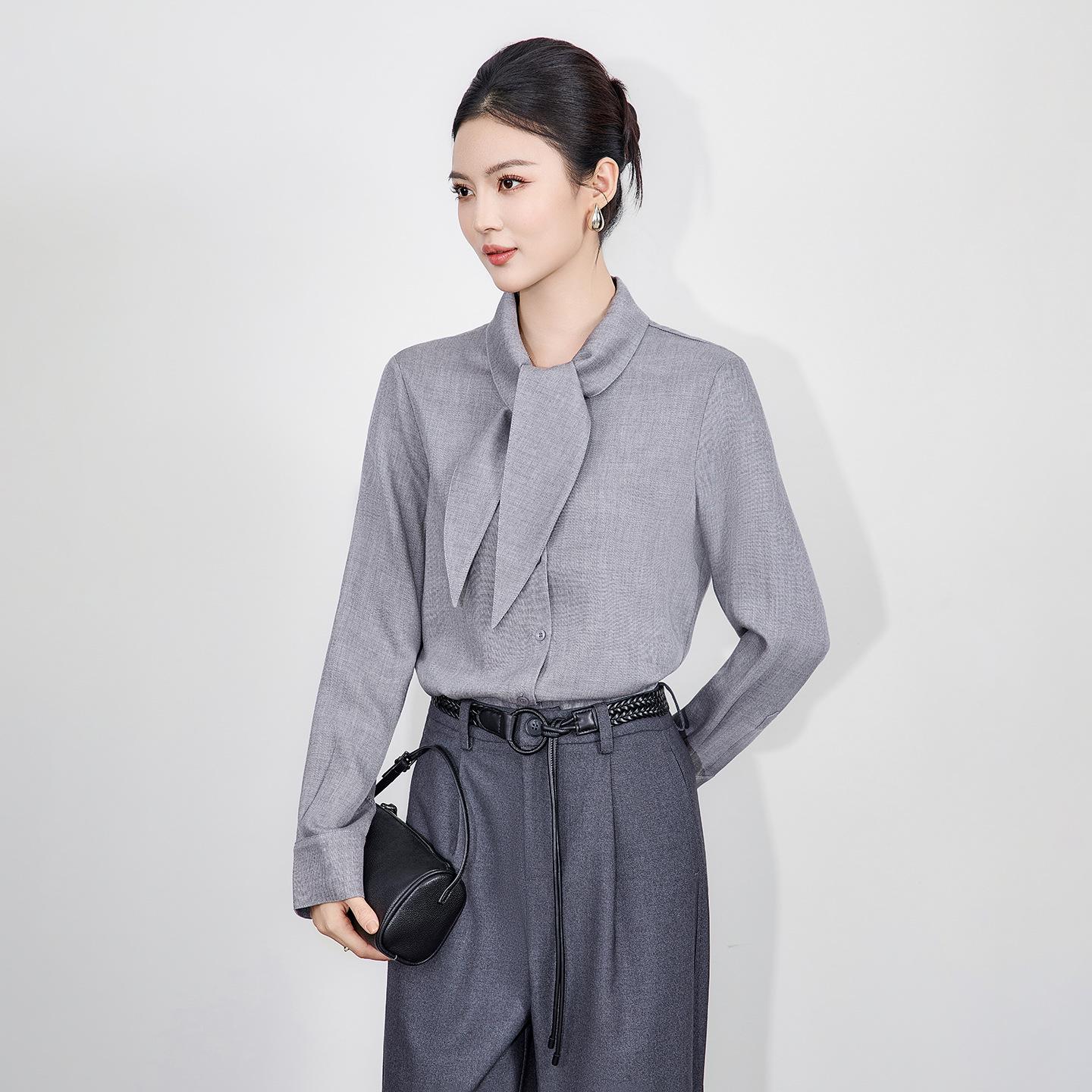 Tencel Wool Long Sleeve Shirt with Rabbit Ear Collar, Lace-up Design - Women s Autumn Winter Top Medium серый