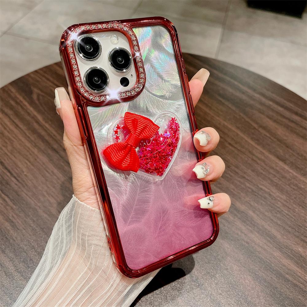 

Gradient Feather Yarn Cover For iPhone 14 Pro Max 13 12 11 15 ProMax 15 Plus 3D Heart Shining Rhinestone Plating Girl Phone Case For iPhone 15