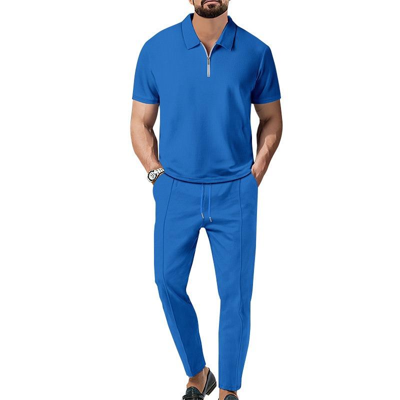 Men Spring Autumn New Solid Color Waffle Knit Collared Half Zip Polo Shirt Pants Set