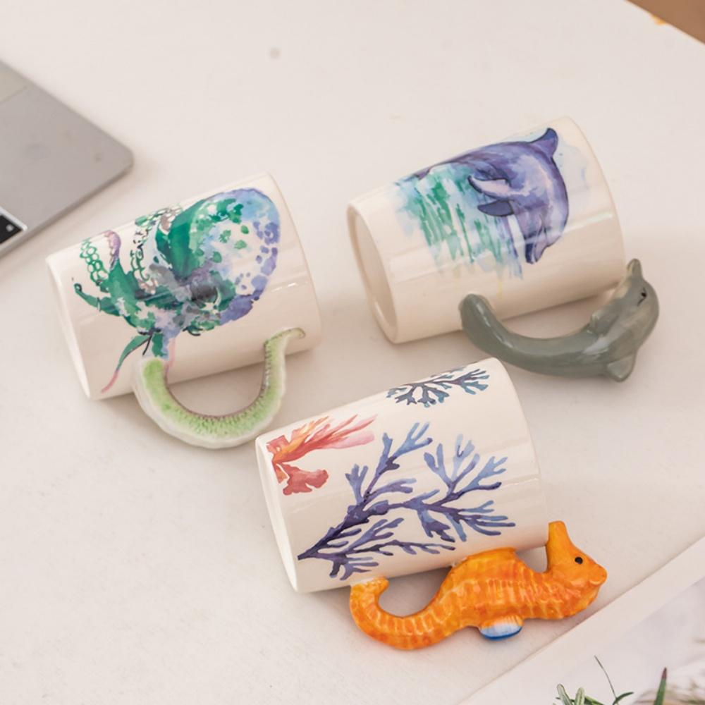 Handmade Ocean-Themed Ceramic Coffee Mug Creative Art Milk Cup with Octopus Dolphin Seahorse Design Gift for Kids And Friends