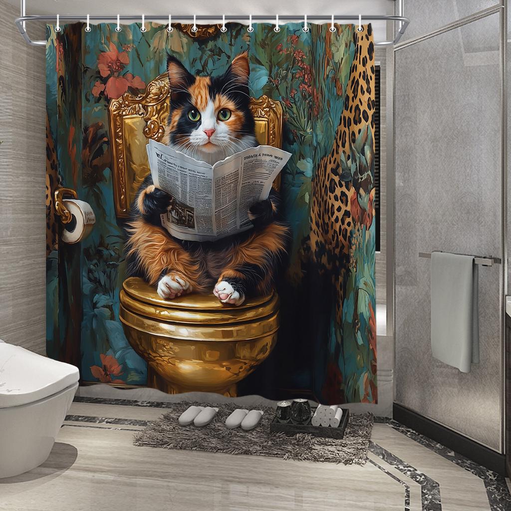 Charming Cat Reading Newspaper Waterproof Shower Curtain for Modern Bathroom Decor, Stylish and Durable, Perfect for Home Use