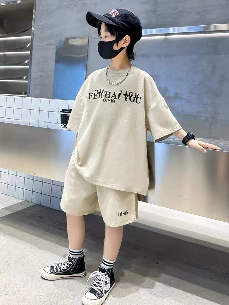 Jungen Sommerset: Jugend Kurzarm Buchstaben T-Shirt Top + Shorts Lässiges Sport Zweiteiler Set