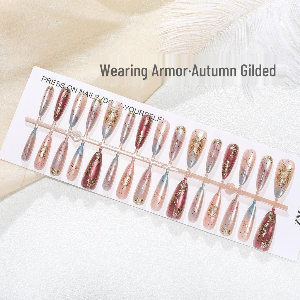 Nail Art Gilded Cat's Eye Blush Tips - 30-Piece Set, Handmade & Ready-to-Wear In XS/S/M