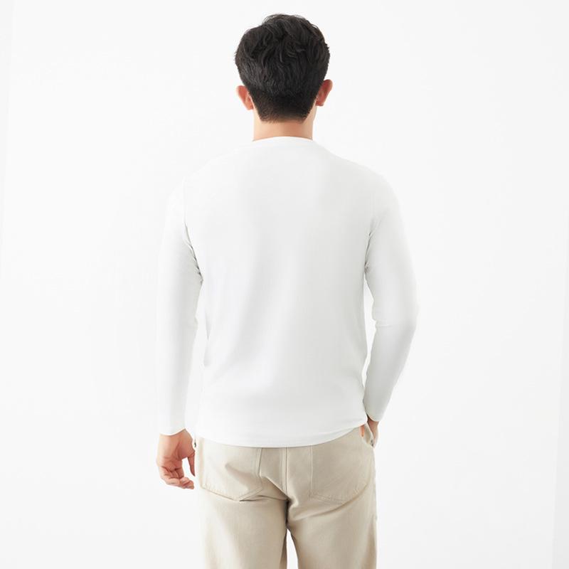 Men's Heavyweight White Cotton Long Sleeve T-Shirt - Casual Loose Fit, Round Neck for Spring & Autumn