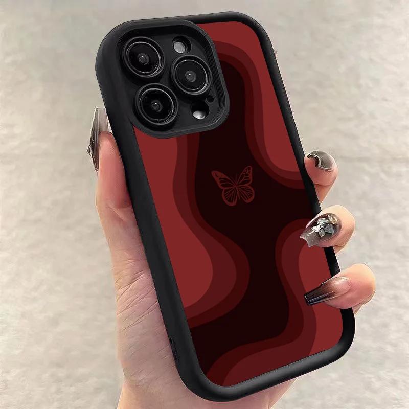 Trendy Butterfly Pattern Wine Red Shockproof Phone Case For iPhone 16 13 15 14 12 11 Pro Max X XR XS 7 8 15 Plus SE2 TPU Cover