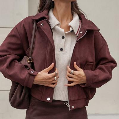 Womens Suede-Like Long Sleeve Turn-Down Collar Cardigan Jacket Fall Winter 2025 Biker Style Slim Fit