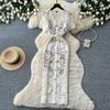 Celebrity V-neck Lace Dress Women's Summer High-end Single-breasted Waist Slim Dress Autumn Dress