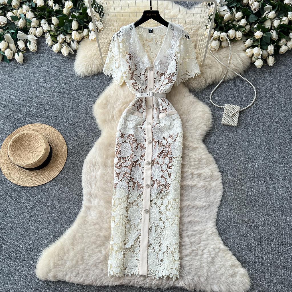 Celebrity V-neck Lace Dress Women's Summer High-end Single-breasted Waist Slim Dress Autumn Dress