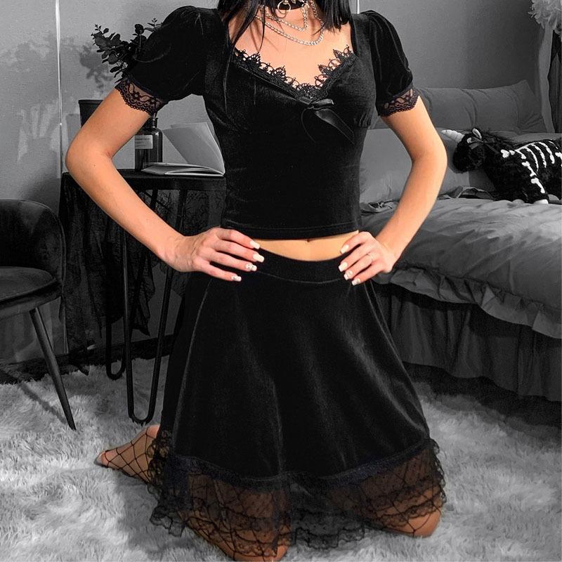 Gothic Vintage Black Lace Velvet Skirt High Waist A Line Sexy Mini Skirts