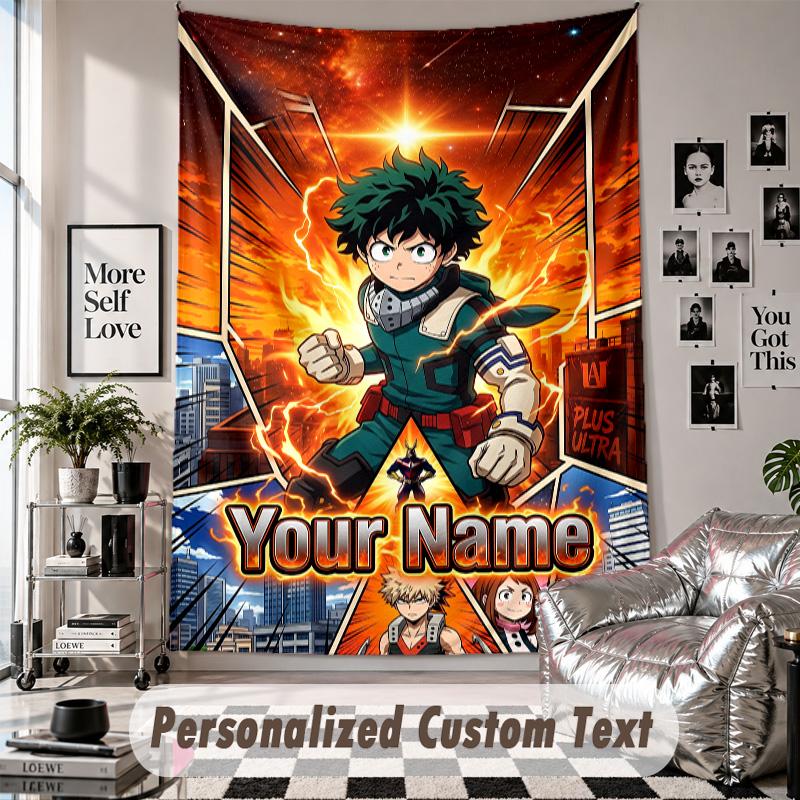 Wall Hanging Tapestry With Custom Name & Text, My Hero Academia Decorative Tapestry For Bedroom