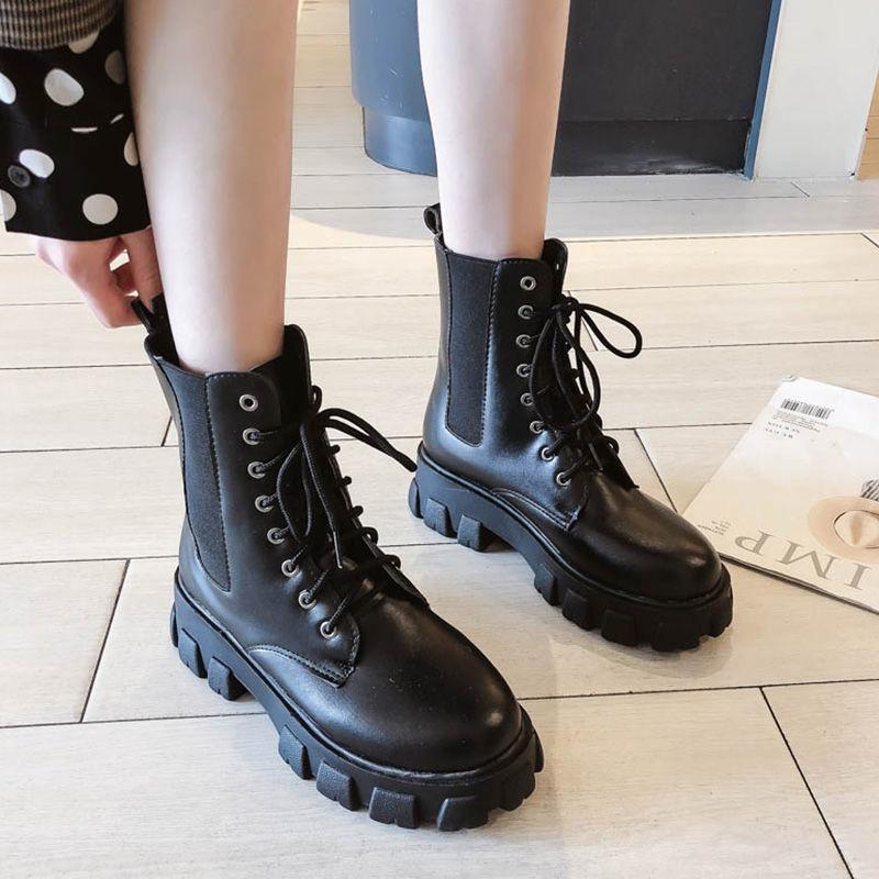 Real Soft Leather Martin Boots for Women British Style Korean Autumn and Winter Platform Boots for Women with Velvet Mid-calf Boots