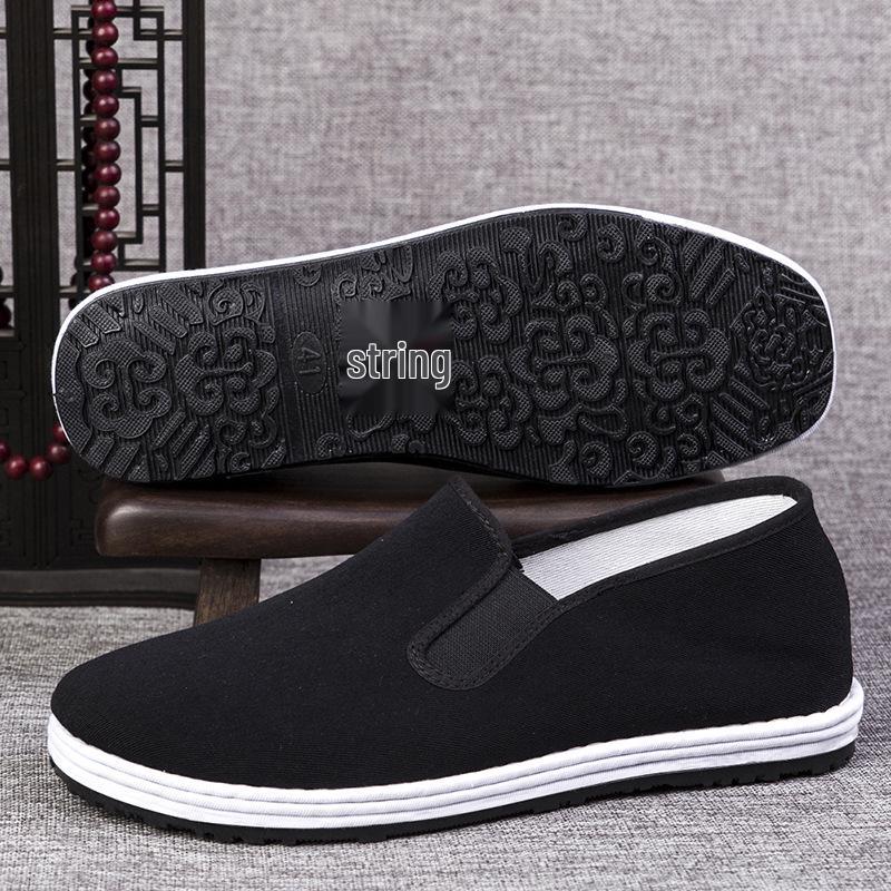 Men's Traditional Handmade Black Cloth Shoes, Thick Sole, Slip-On, Flat Bottom, Stitched Design, Old Beijing Style.