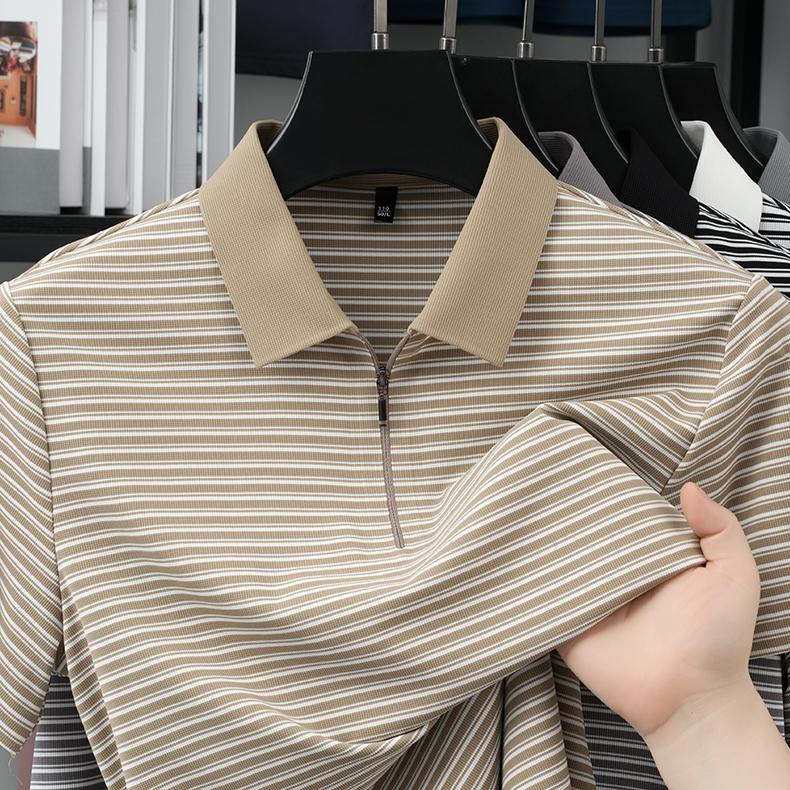 Classic Striped Men's Casual Seamless Zipper Polo Shirt with Four-way High Elasticity