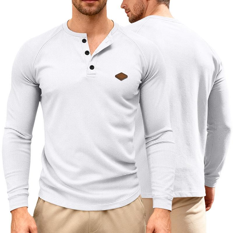 Men's American Casual Waffle Knit Henley T Shirt, Long Sleeve Raglan Button Quick Dry Thin Top for Spring Autumn