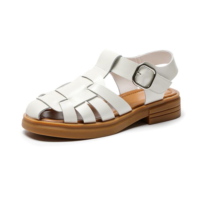 fashion Summer New Fashion Leather Casual Baotou Women's Flat Sandals Personality Trend Retro Woven Hollow Roman Casual Sandals