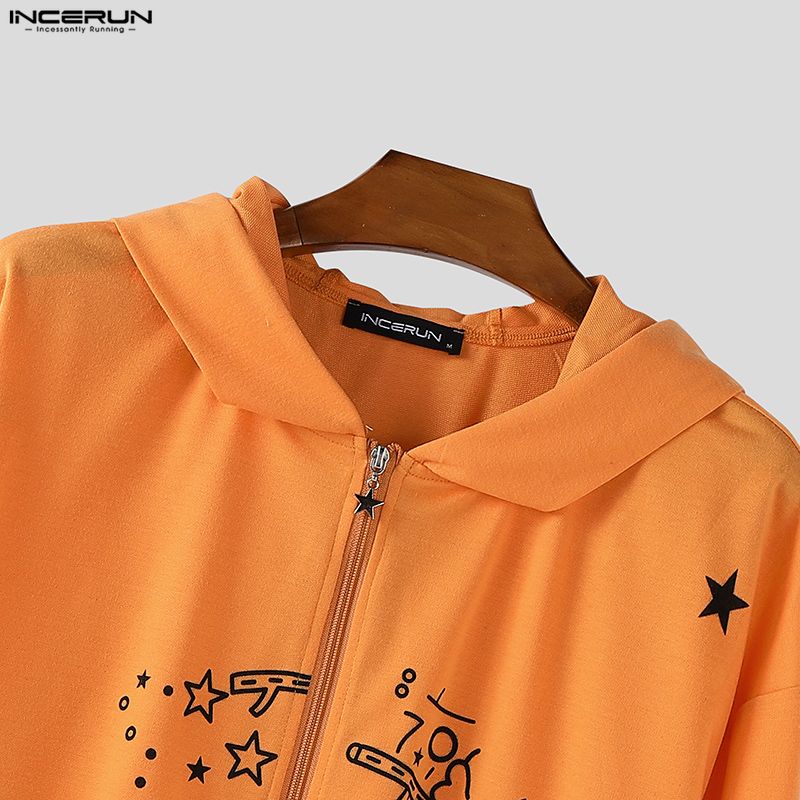 INCERUN Hanorace de Toamnă pentru Bărbați cu Mânecă Lungă, cu Fermoar, Imprimeu, Buzunare și Glugă