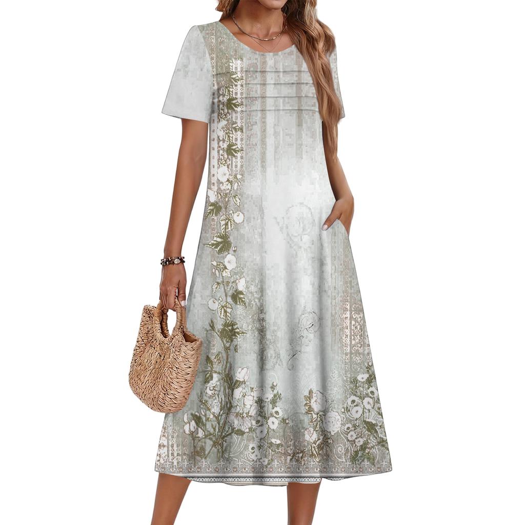 Damenkleid mit Blumenmuster, lässig und modisch, kurzärmelig, Rundhalsausschnitt