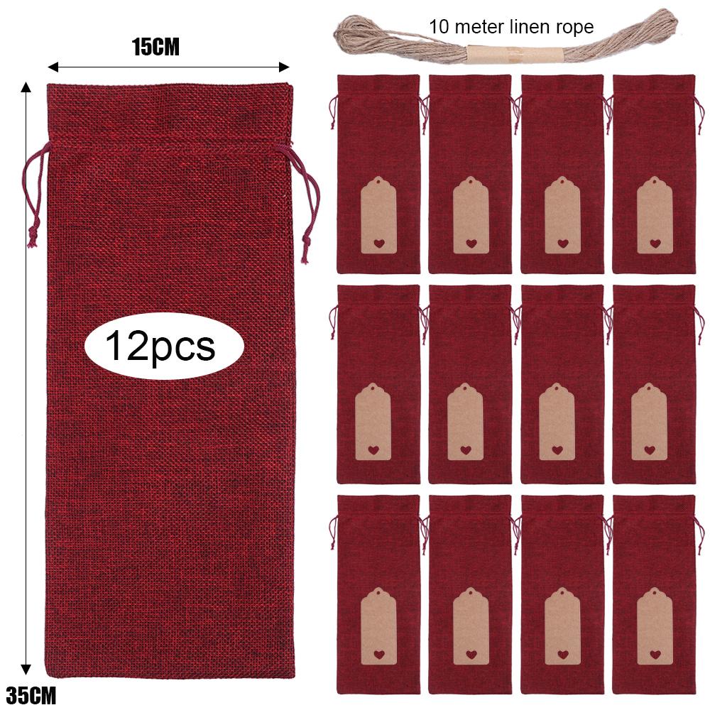 

12 шт./набор винных мешков, рождественская упаковка для бутылок вина, мешки со шнурком, новогодние подарочные пакеты, товары для декора обеденного стола для дома и вечеринки 35x15cm