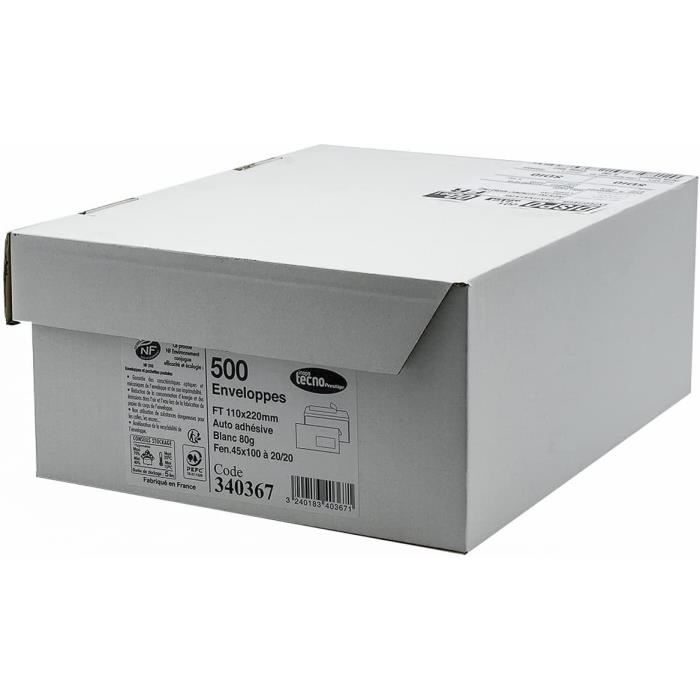 Enveloppes - TECNO - PRESTIGE - 500 Unités - Extra Blanc - Format DL 110x220 Mm Avec Fenêtre