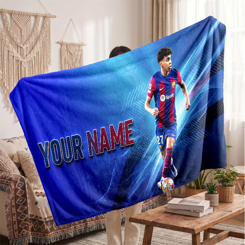 Coperta in pile personalizzata Lamine Yamal con logo del calcio, testo con nome personalizzato, morbida, calda, coperta da divano per la casa