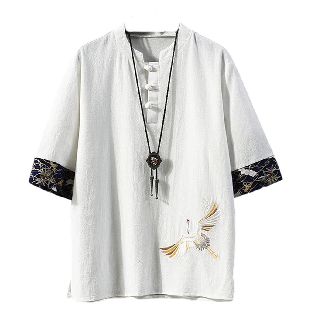 Tumao Summer Short Japanese Plus Sizes Loose Solid Casual Top Men's T-Shirt, Linen, Sleeve, Cotton-Linen, Style, Embroidered, Blend, 5/8 Sleeves,