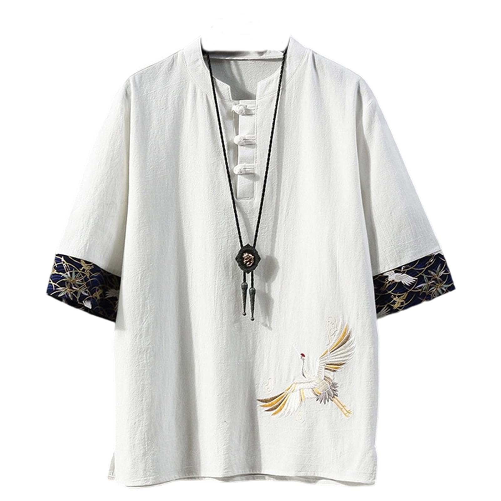 

Tumao Летняя короткая японских больших размеров свободная однотонная повседневная футболка для мужчин, Лен, Рукав, Хлопково-льняная, Стиль, Вышитая, Смесовая, Рукава 5/8, белый