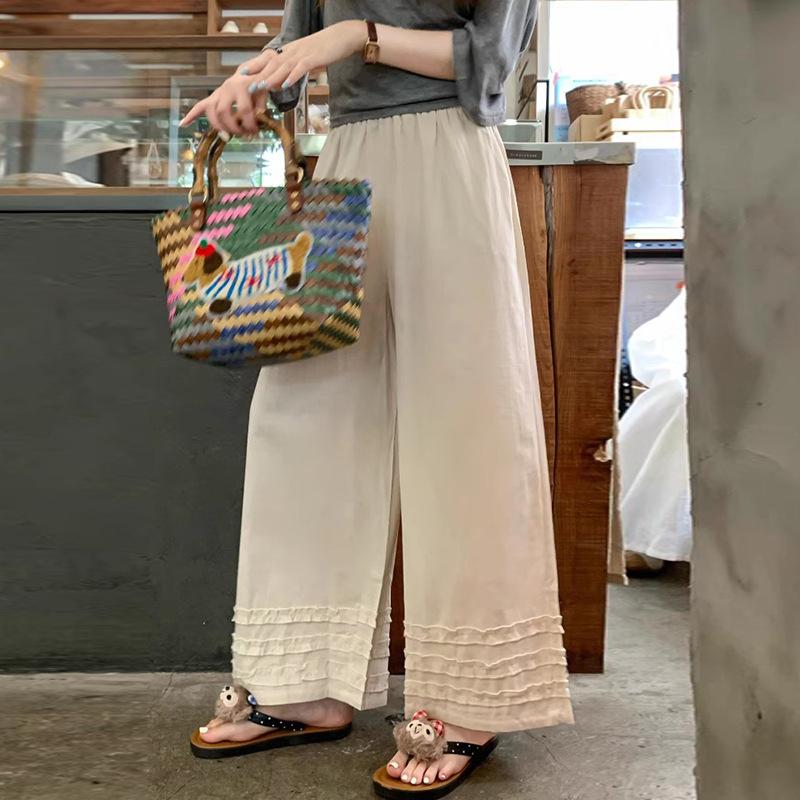 

Lace-Trimmed Wide-Leg Cropped Pants For Women New Summer Style Loose And Lightweight Suitable For Petite Figures Sun-Protective Casual Pants S абрикосовый