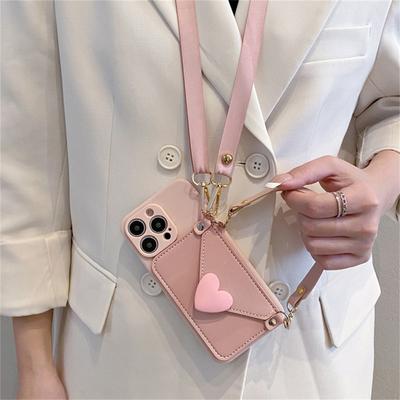 Korean 3D Love Heart Crossbody Necklace Lanyard Holder Case for iPhone 15 13 14 12 11 Pro Max 7 8 14 15 Plus X XR XS Max Cover