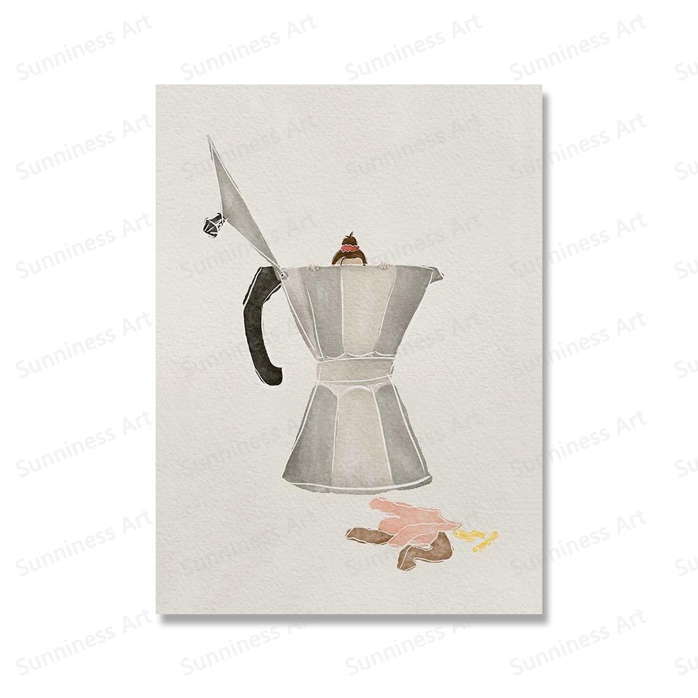 Funny Coffee Moka Pot Girl Abstract Wall Art Canvas Painting Posters And Prints Kitchen Pictures For Bar Living Room Home Decor