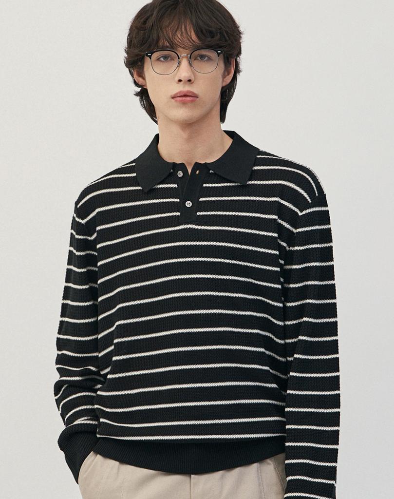 WORK ON BODY OFF Easyon Semi-Overfit Striped Collar Knit [Black]