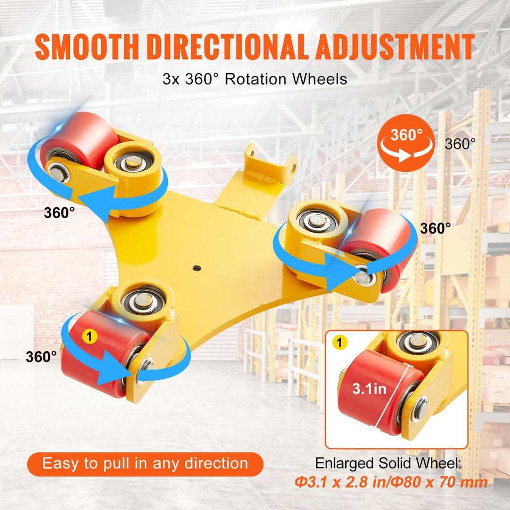 Machinery Skate Dolly, 6614 LBS/3T Industrial Machinery Mover with Handle, Carbon Steel Machinery Moving Skate with 3 360° Swivel PU Wheels, 360°