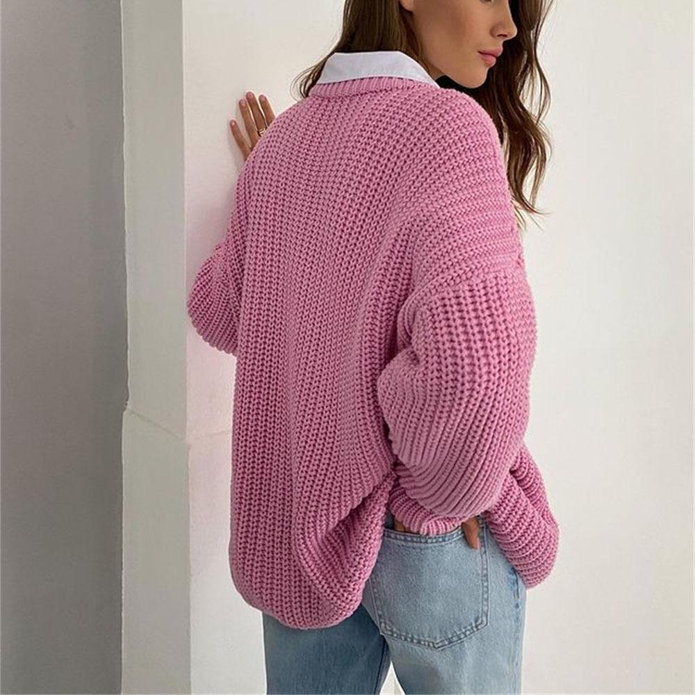 Women's Autumn Winter New Loose Crew Neck Solid Color Long Sleeve Lazy Style Knit Cardigan Coat