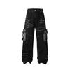American retro corrugated multi-pocket strap jeans niche design heavy industry loose straight tooling trousers
