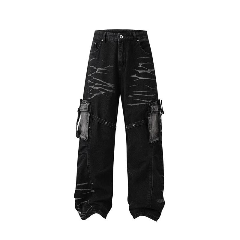 American retro corrugated multi-pocket strap jeans niche design heavy industry loose straight tooling trousers