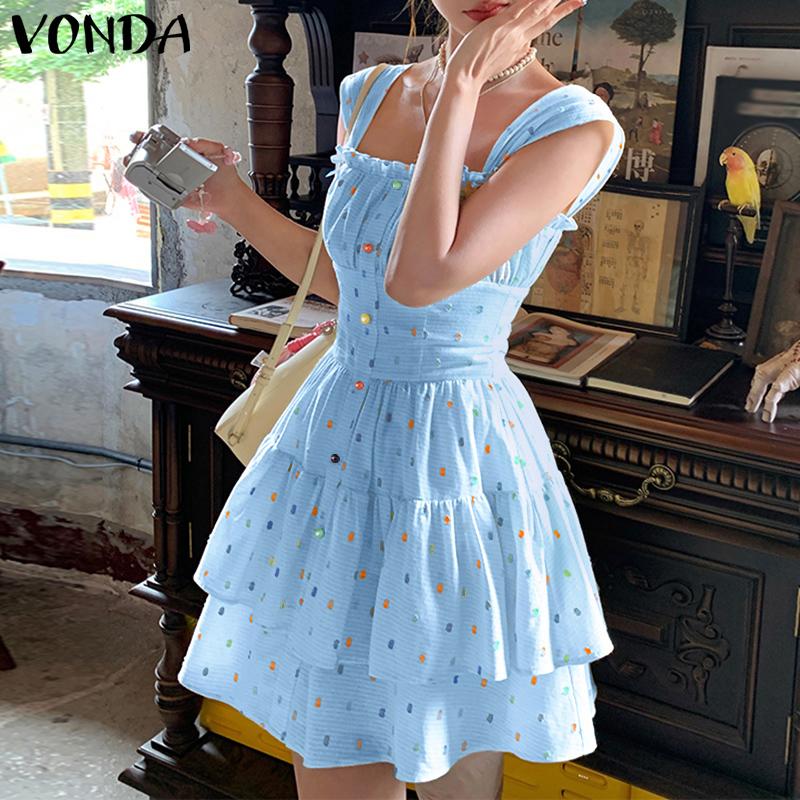 VONDA Rochie Mini Femei cu Bretele, Fără Mâneci, Imprimeu Buline, Casual, de Petrecere, Straturi, Plisată