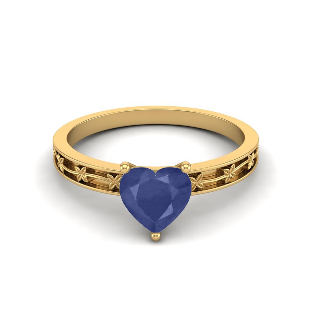 1.00 Cts Heart Sapphire Cz 925 Sterling Silver Gold Vermeil Solitaire Flower Engraved Shank Women Wedding Ring