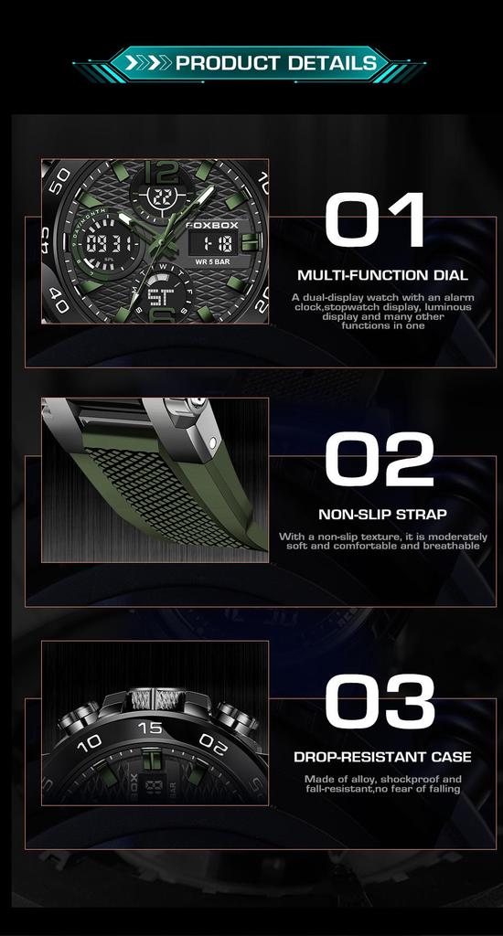 Men's Dual Display Waterproof Silicone Sport Watch with Calendar & Luminous Features