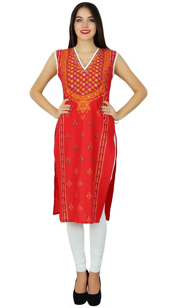Bimba Womens Sleeveless Straight Cotton Kurta Printed Kurti Indian Summer