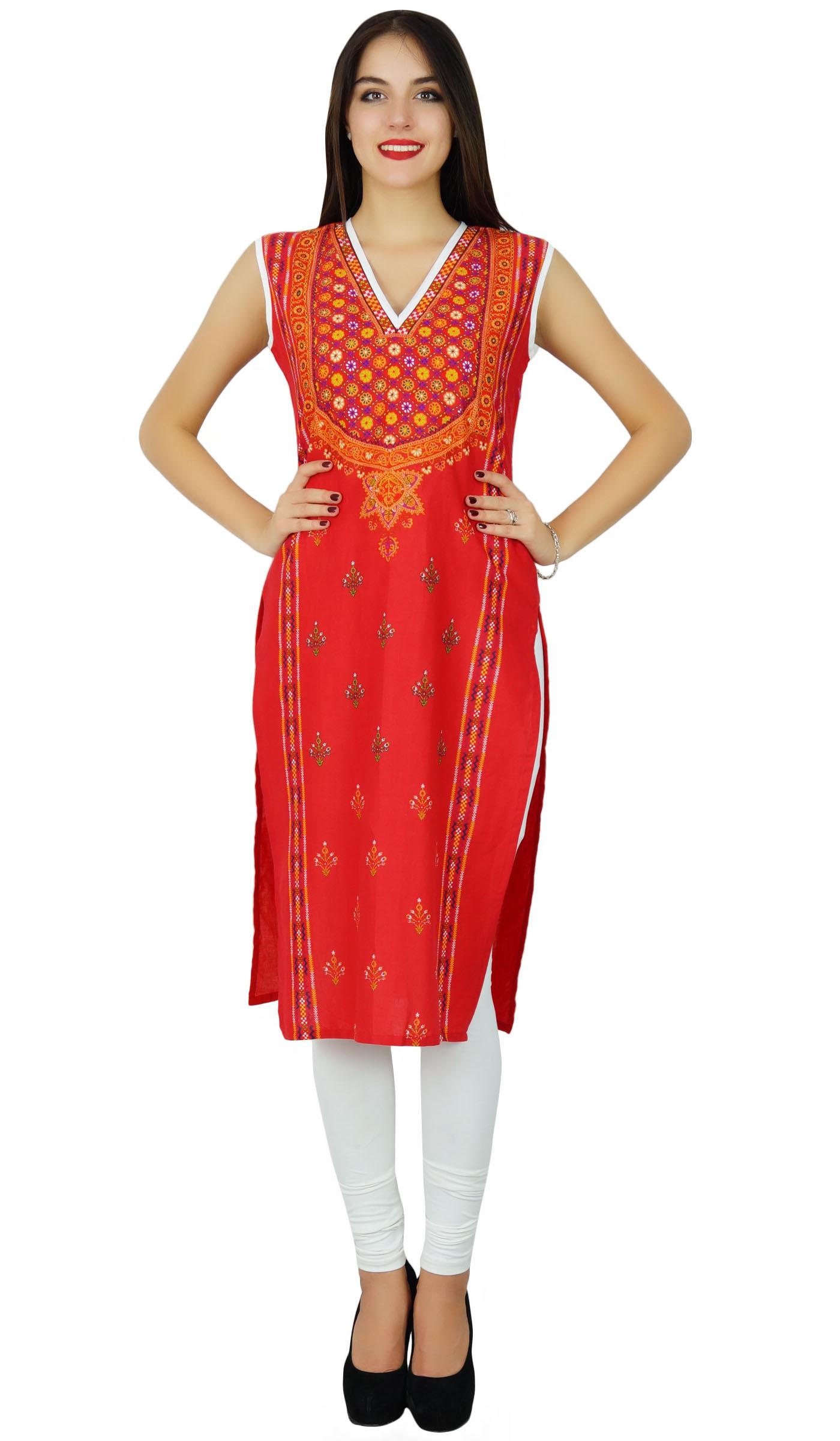

Bimba Womens Sleeveless Straight Cotton Kurta Printed Kurti Indian Summer 24 червоний