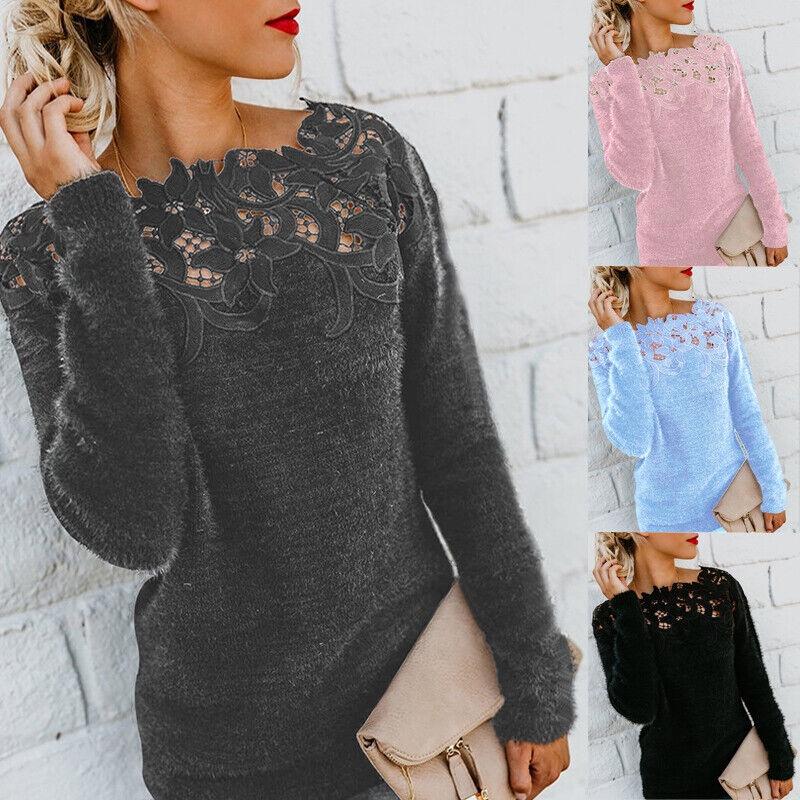 Cozy Women's Autumn Winter Fleece Sweater Tops With Elegant Lace Design For Style