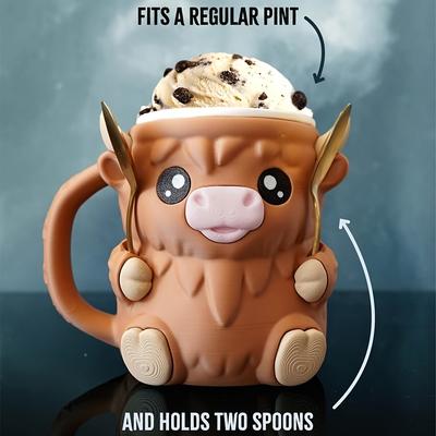 1 Stück Highland-Kuh Eisbecherhalter, Highland-Kuh Pint Eiscremehalter, 3D-gedruckter Eiscreme-Pint-Halter, Kommt mit Edelstahl-Löffel und Schublade,