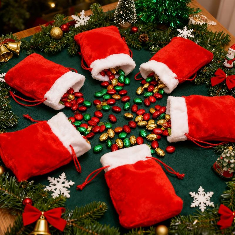 20/1Pcs Christmas Red Velvet Bags Candy Snack Gifts Drawstring Pouch Bag Jewelry Packaging Bags Christmas New Year Decorations