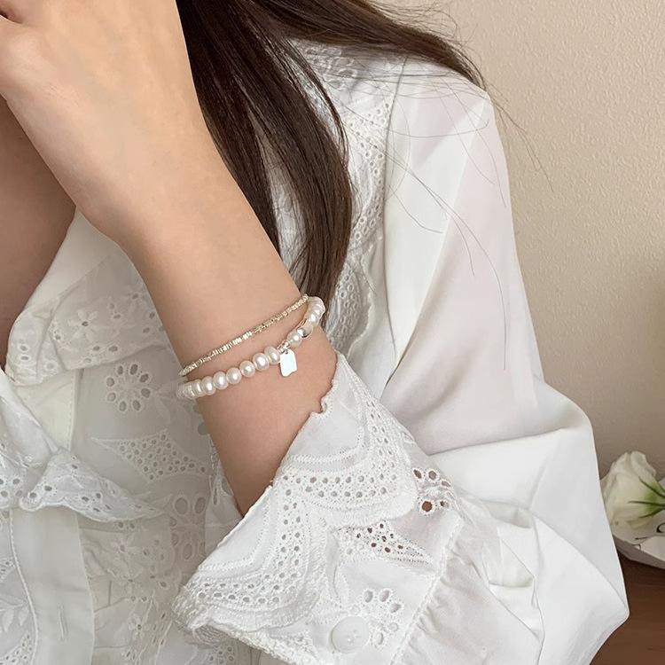 Sterling Silver Personalized Pearl Bead Bracelet for Women - Simple, Fashionable, Stackable Geometric Hand Jewelry.