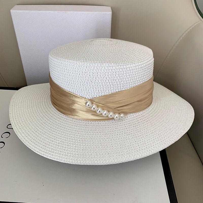 Grass Sun Hat - Anti-UV Flat Top with Faux Pearl Detail, Elegant Commuter Style Outdoor Sun Protection, Versatile and Breathable