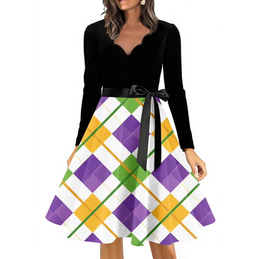 Women's Casual Fashion V Neck Long Sleeve Printed Vintage Long Dress